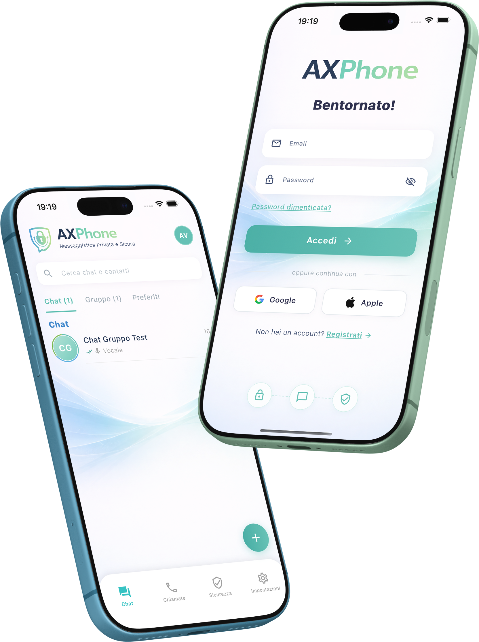 Composizione hero con due iPhone incrociati